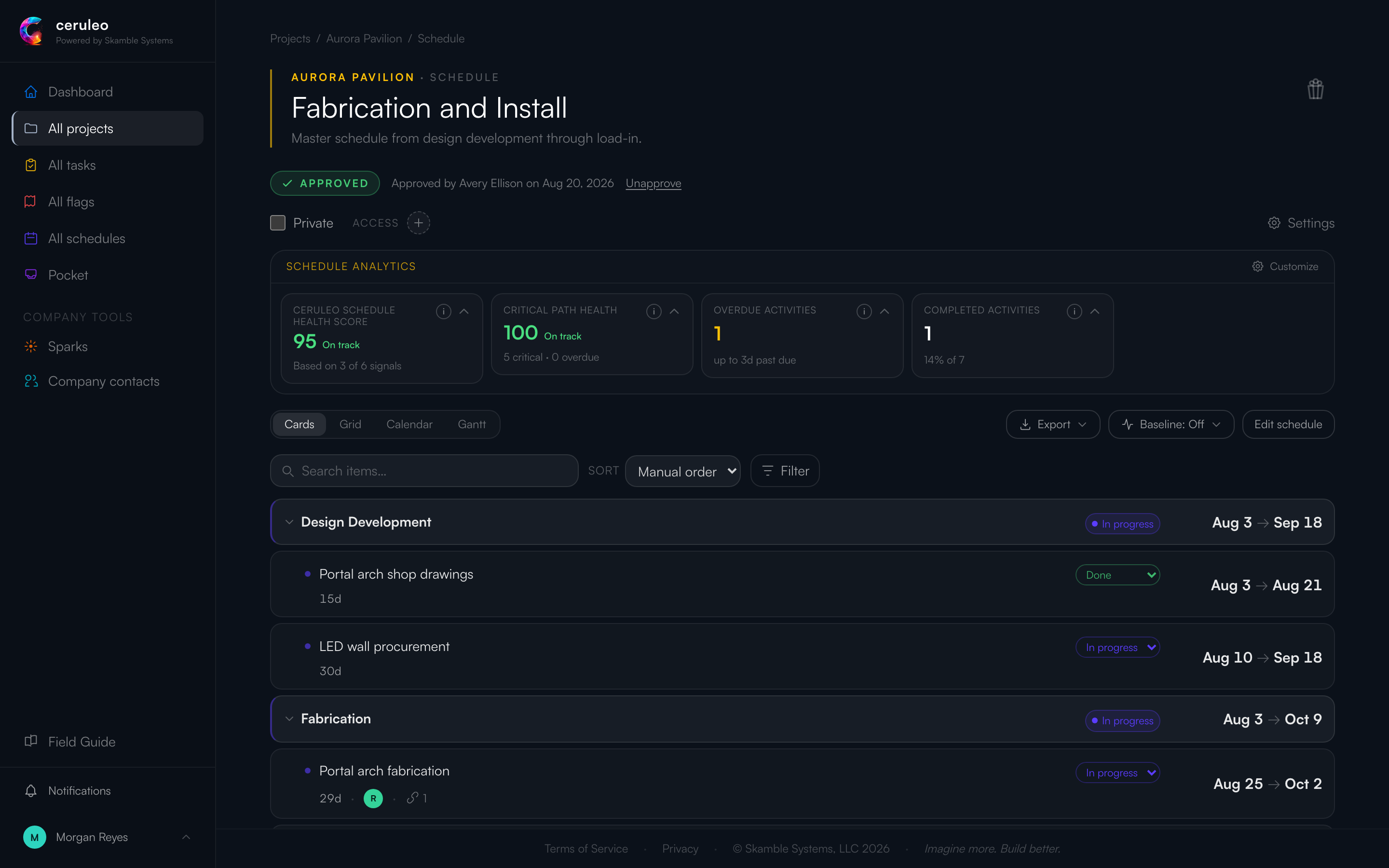 An approved schedule with health metrics